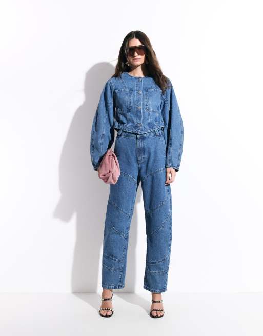 ASOS DESIGN denim seamed jacket co-ord in mid blue, 2 of 8