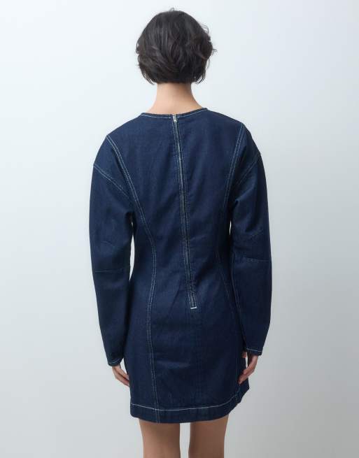 ASOS DESIGN denim seamed long sleeve mini dress in rinse, 4 of 4