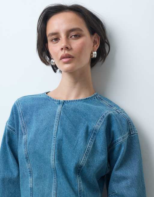 ASOS DESIGN denim seamed long sleeve mini dress in vintage mid blue, 2 of 4