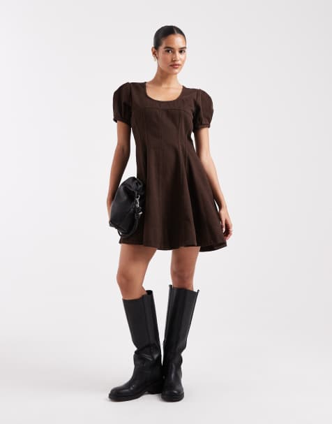 ASOS DESIGN denim seamed mini dress in chocolate - view 1