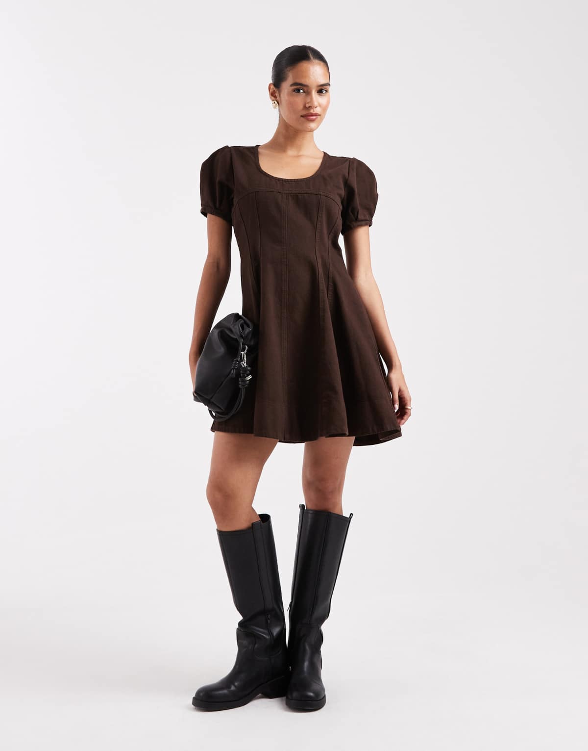 ASOS DESIGN denim seamed mini dress in chocolate