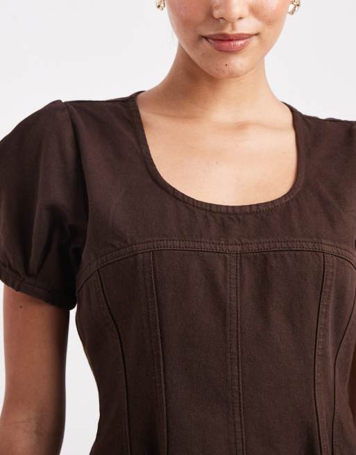 ASOS DESIGN denim seamed mini dress in chocolate, 2 of 4
