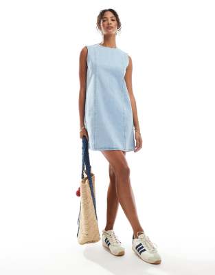 Asos Design Denim Seamed Shift Dress In Blue