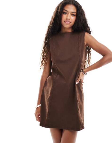 ASOS DESIGN denim seamed shift dress in chocolate brown - view 1