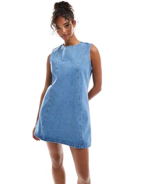 ASOS DESIGN denim seamed shift dress in mid blue - view 1