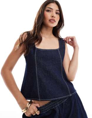 Asos Design Denim Seamed Top In Indigo-blue