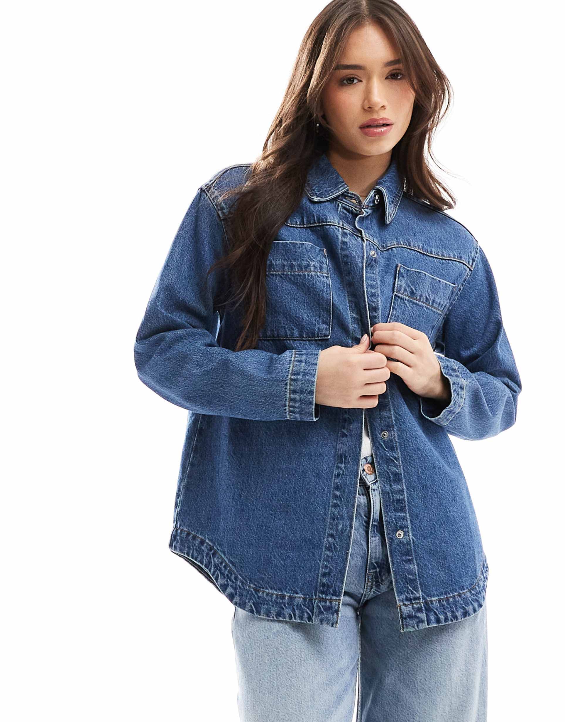 asos design denim shacket in midwash blue