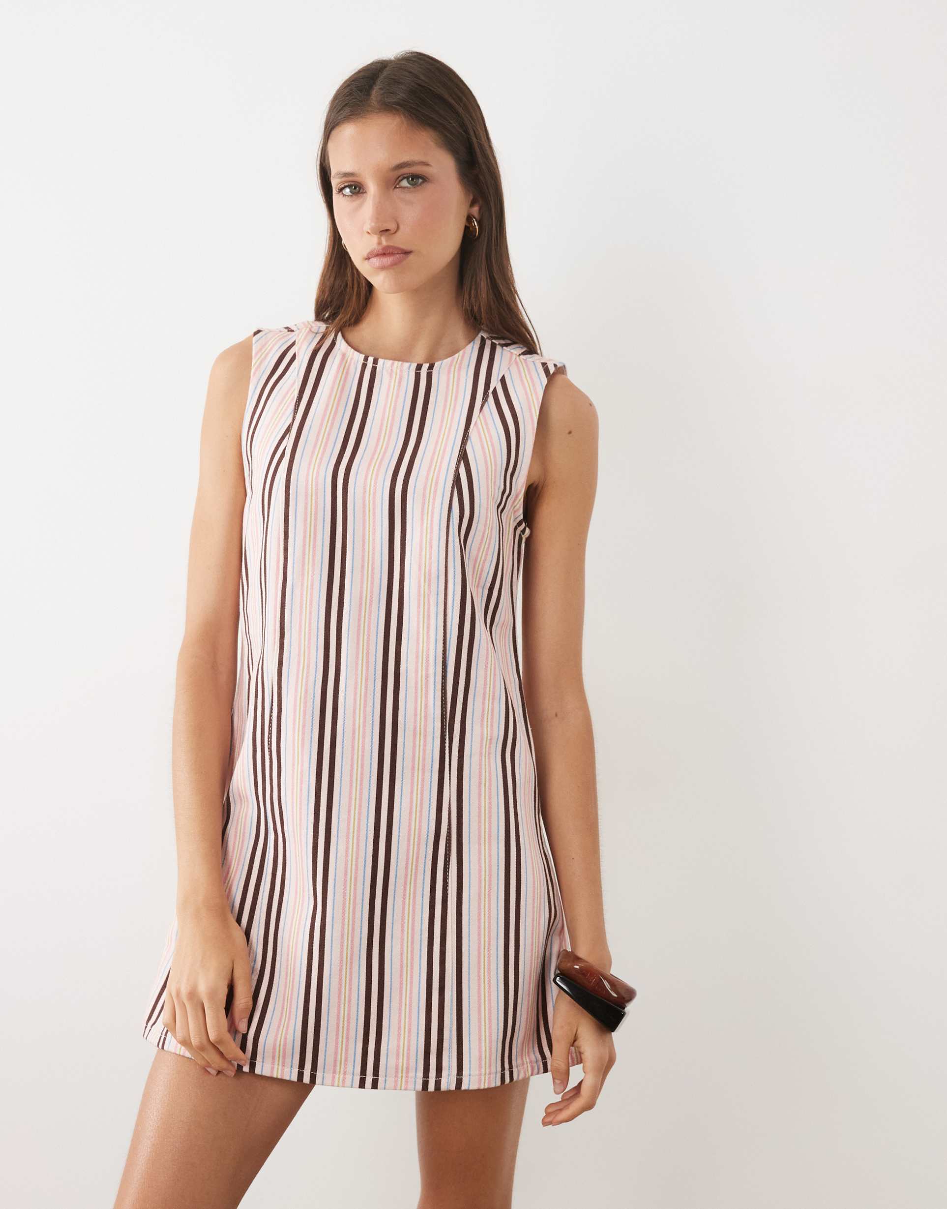 asos design denim shift dress in pink striped print