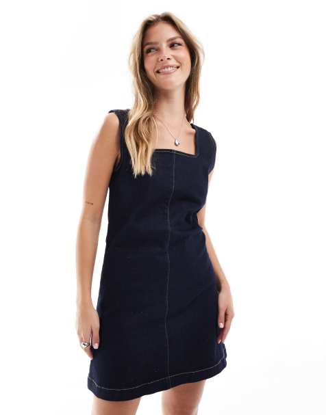 ASOS DESIGN denim shift dress with belt in mid blue - view 1