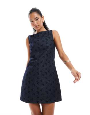 Asos Design Denim Shift Dress With Ditsy Floral Flock-navy In Blue