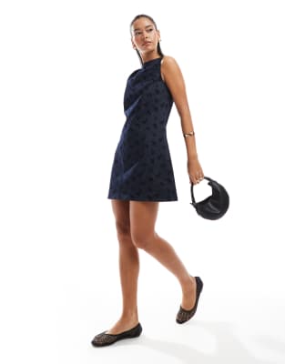 Asos Design Denim Shift Dress With Ditsy Floral Flock-navy