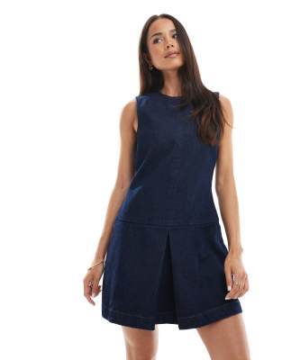 Asos Design Denim Shift Dress With Dropped Waist Pleat In Blue
