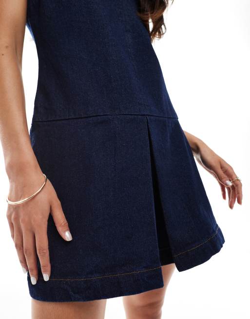 ASOS DESIGN denim shift dress with dropped waist pleat in rinse wash, 3 of 4