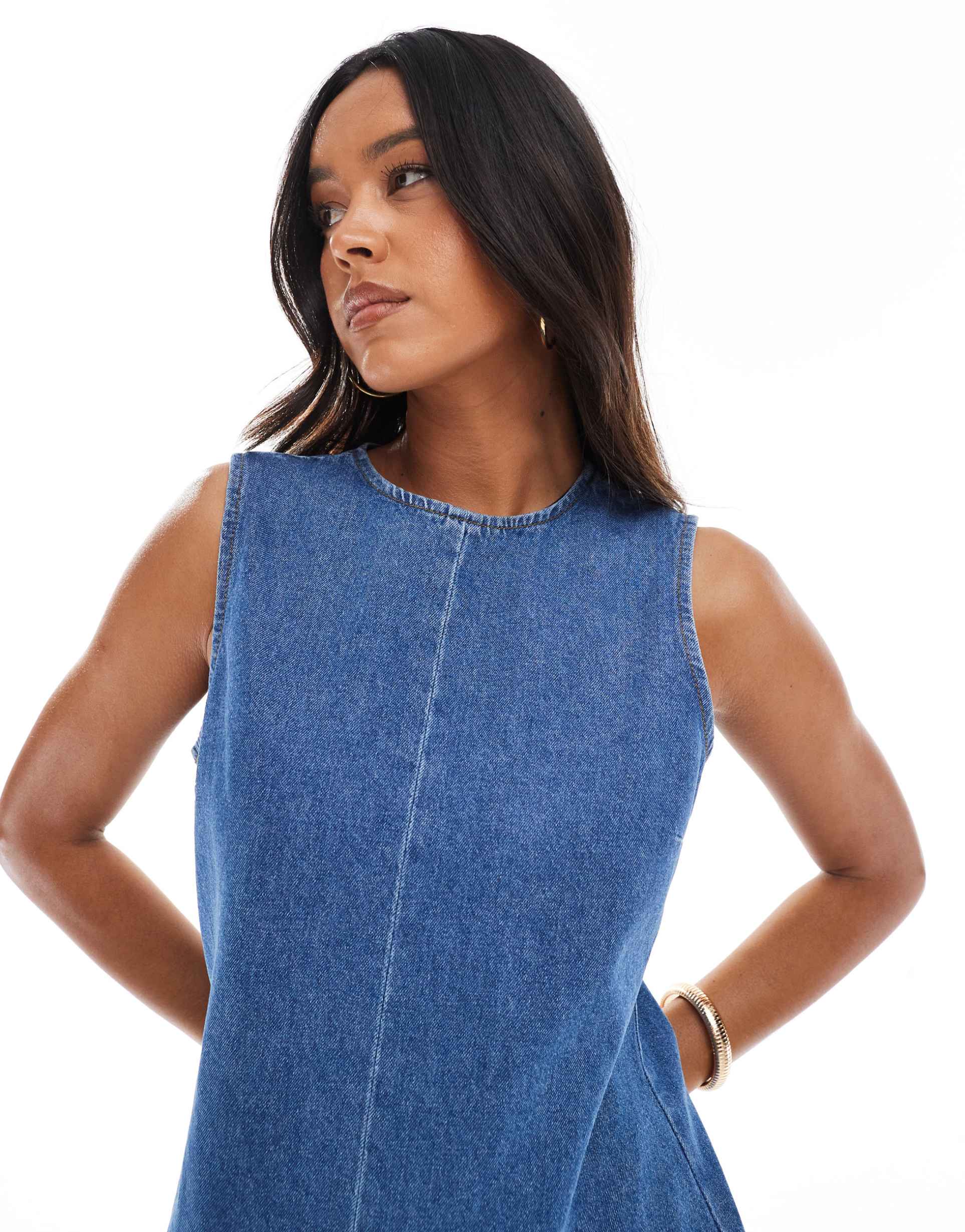 asos design denim shift dress with dropped waist pleat