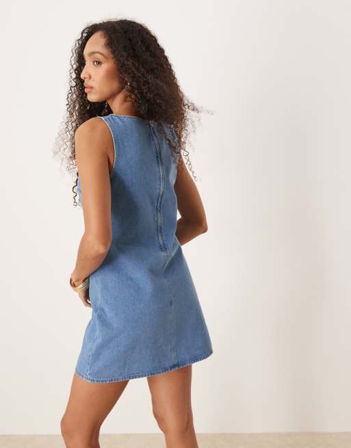 ASOS DESIGN denim shift mini dress in mid blue