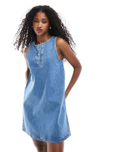 ASOS DESIGN denim shift mini dress with button detail in mid blue - view 1