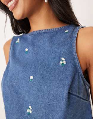Asos Design Denim Shift Top With Delicate Floral Embroidery - Part Of A Set-blue