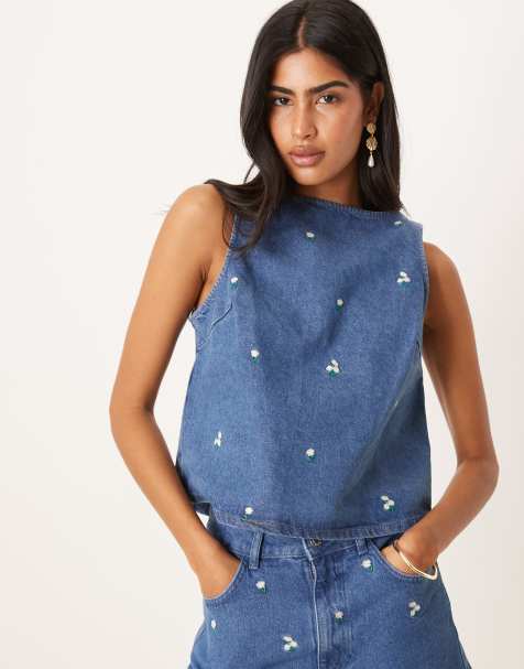 ASOS DESIGN denim shift top with embroidered ditsy floral co-ord - view 1