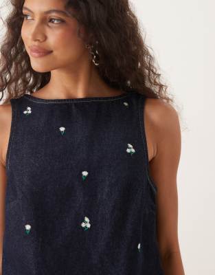 Asos Design Denim Shift Top With Embroidered Ditsy Floral In Blue