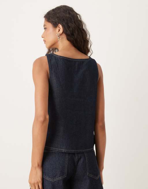 ASOS DESIGN denim shift top with embroidered ditsy floral in indigo rinse - part of a set, 3 of 4