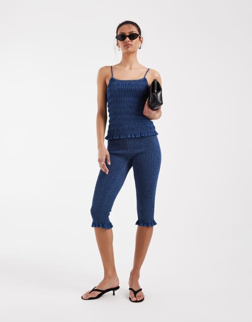 ASOS DESIGN denim shirred capri co-ord in darkwash, 2 of 5