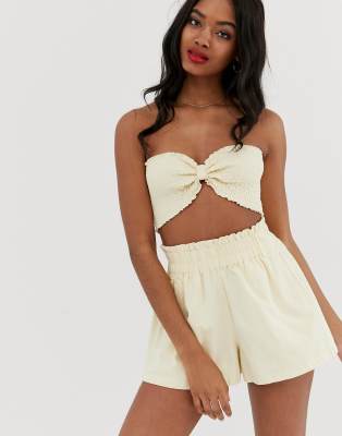 ASOS DESIGN denim shirred crop top in pale yellow-Cream