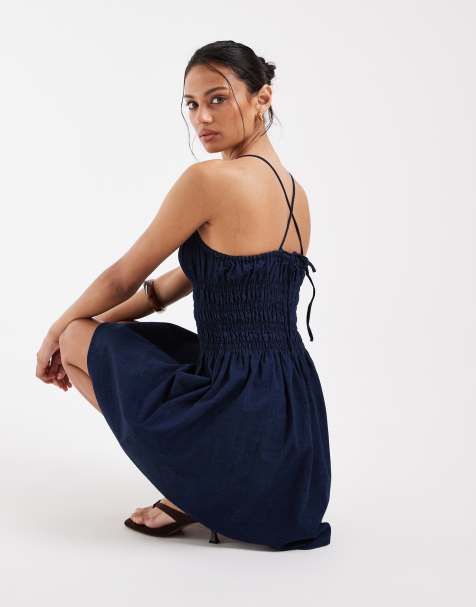ASOS DESIGN denim shirred mini dress in inky wash - view 1