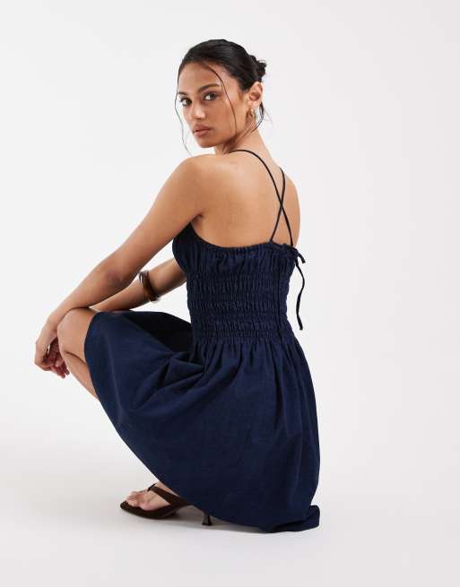 ASOS DESIGN denim shirred mini dress in inky wash, 2 of 4