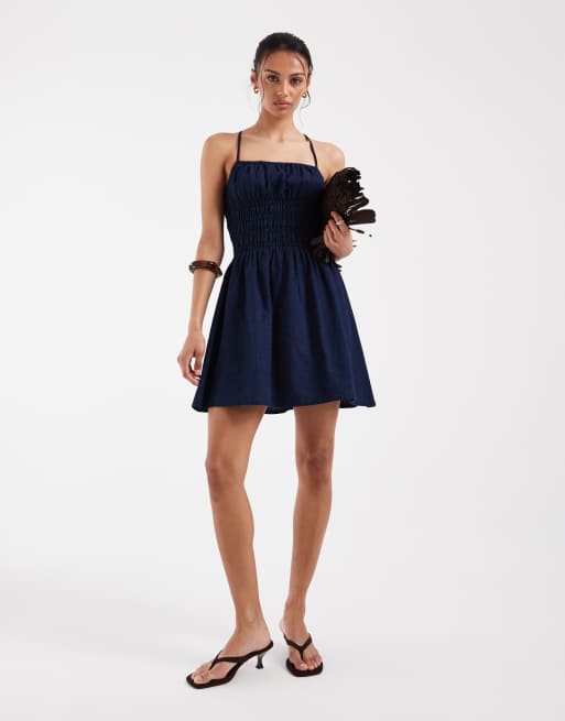 ASOS DESIGN denim shirred mini dress in inky wash, 3 of 4