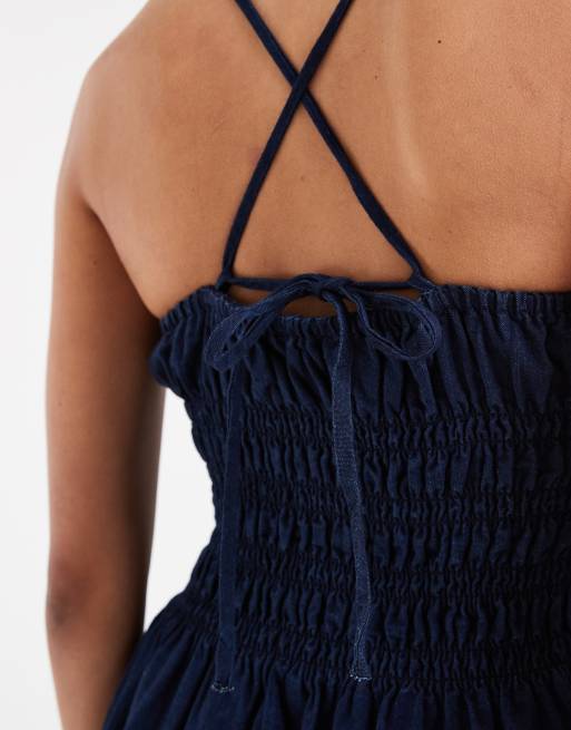 ASOS DESIGN denim shirred mini dress in inky wash, 4 of 4