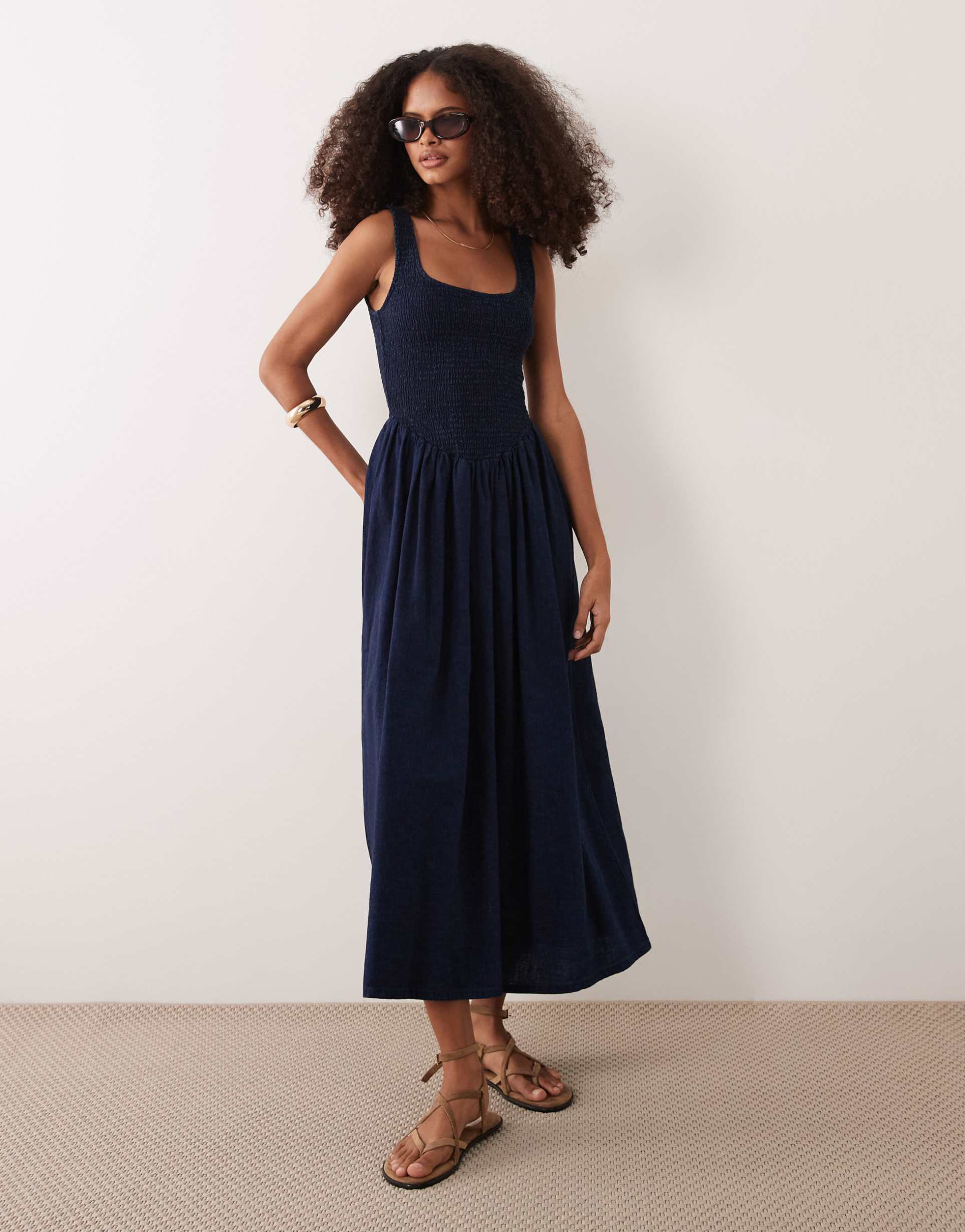 asos design denim shirred scoop neck ballerina inspired midaxi dress