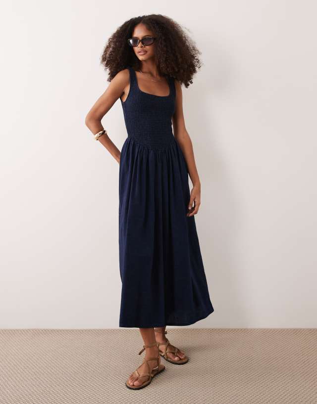 ASOS DESIGN denim shirred scoop neck ballerina inspired midaxi dress