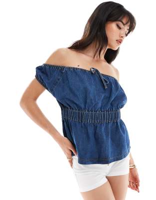 Asos Design Denim Shirred Top In Mid Blue