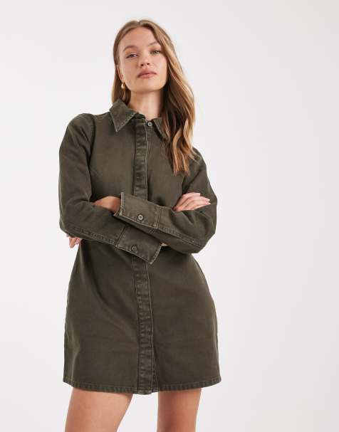 ASOS DESIGN denim shirt dress with cinch back detail in khaki green - view 1