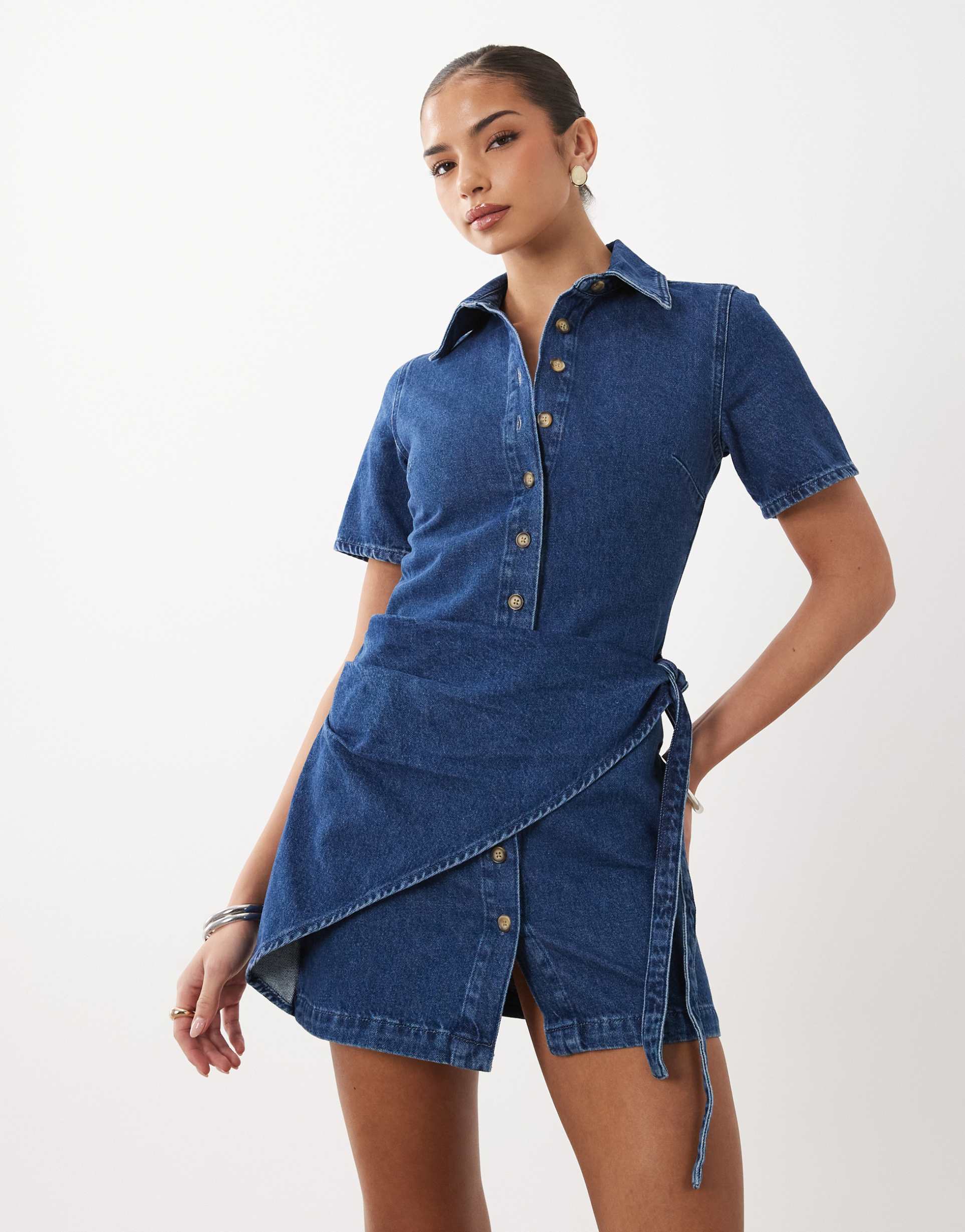 asos design denim shirt dress with detail in mid blue