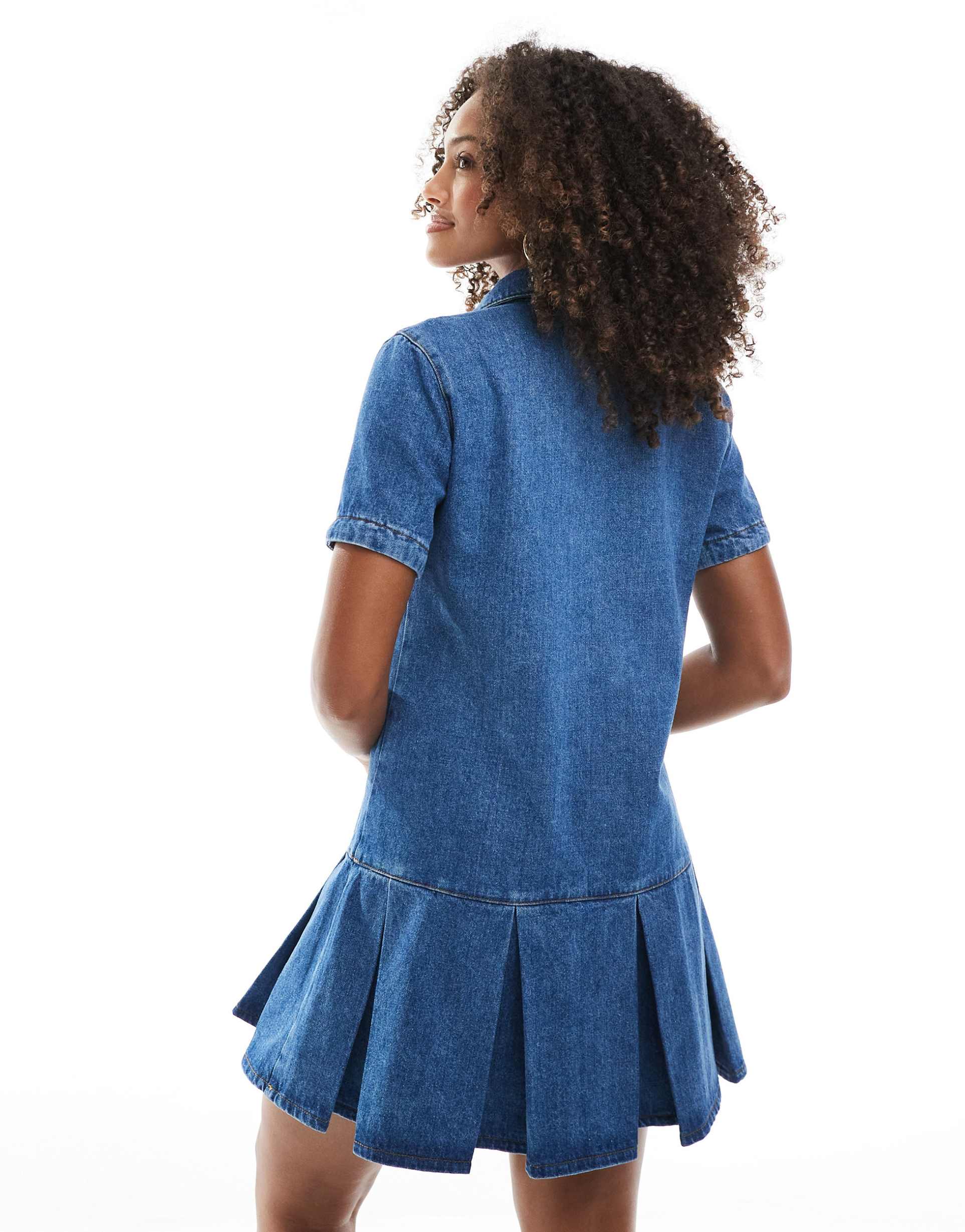 asos design denim shirt dress with dropped waist pleated panel