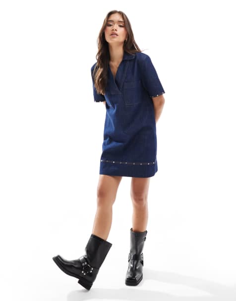 ASOS DESIGN denim shirt dress with studs in blue - view 1
