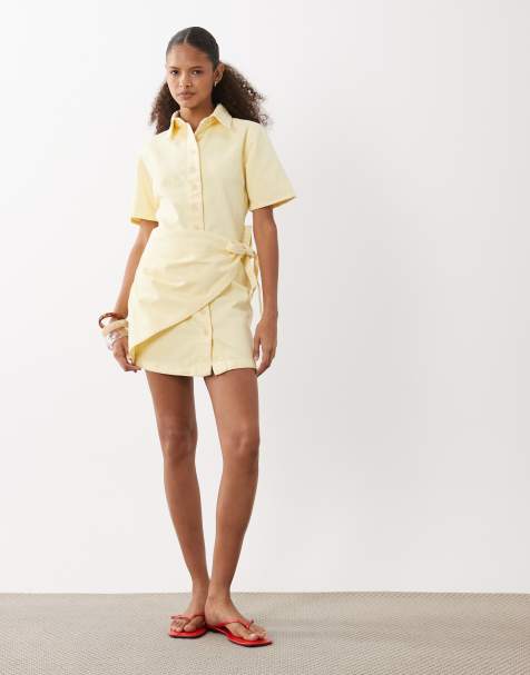 ASOS DESIGN denim shirt dress with wrap detail in yellow - view 1