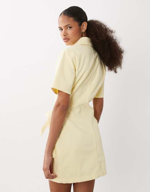 ASOS DESIGN denim shirt dress with wrap detail in yellow, 4 of 4