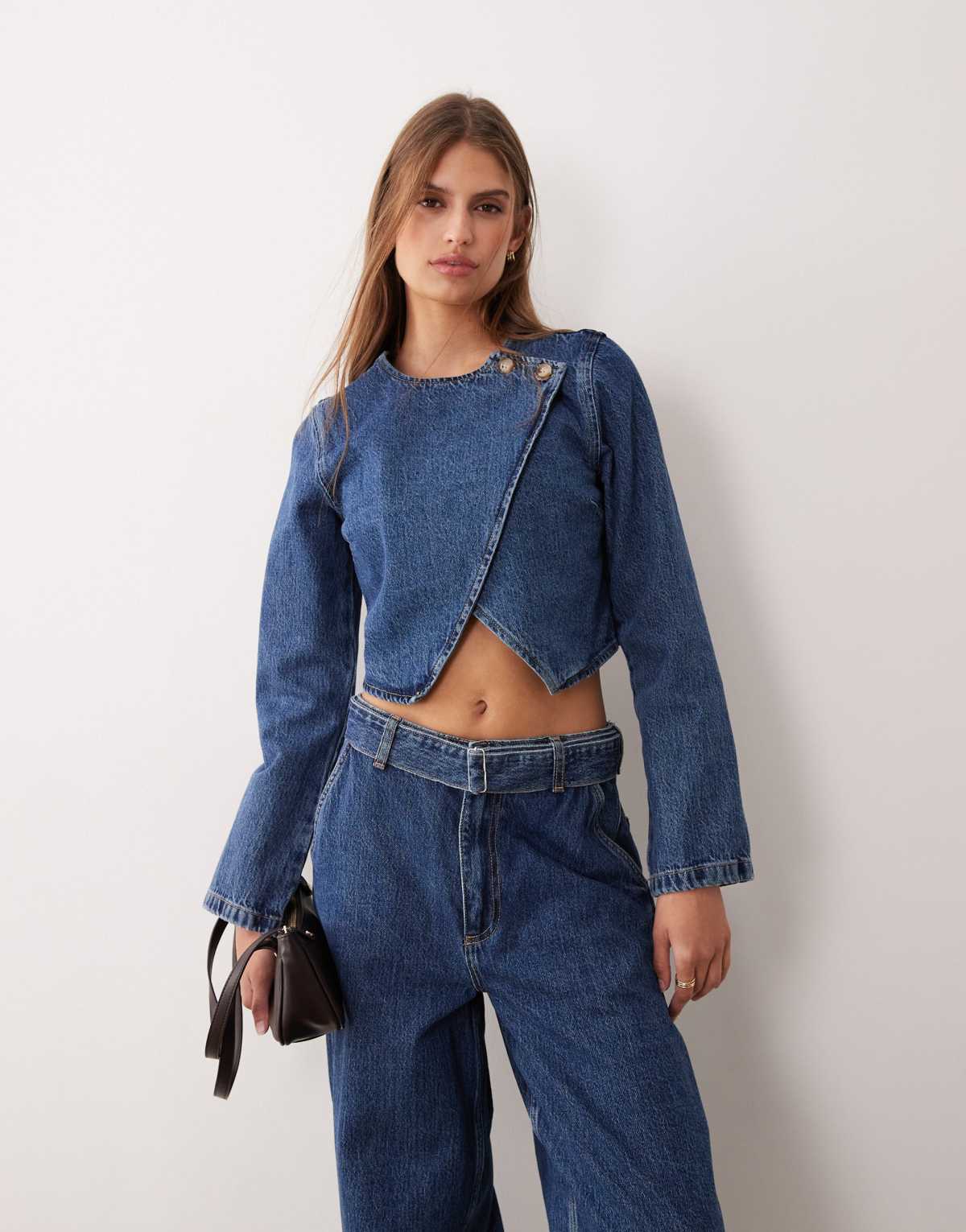 ASOS DESIGN denim shirt in dark mid blue co-ord