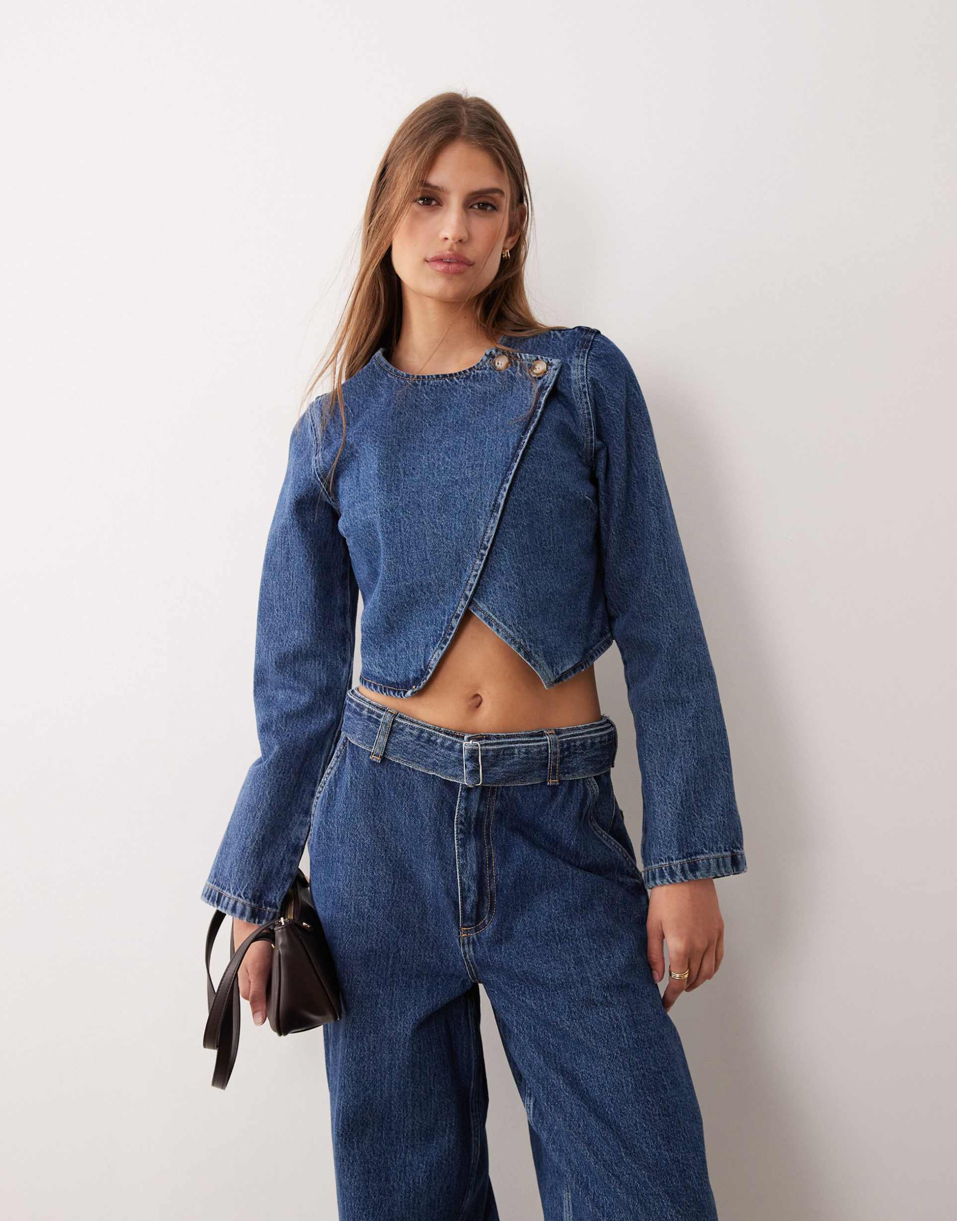 asos design denim shirt in dark mid blue - part of a set