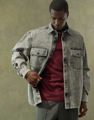 denim shirt in gray acid wash