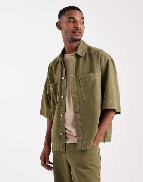 ASOS DESIGN denim shirt in khaki (Part of a set) - view 1
