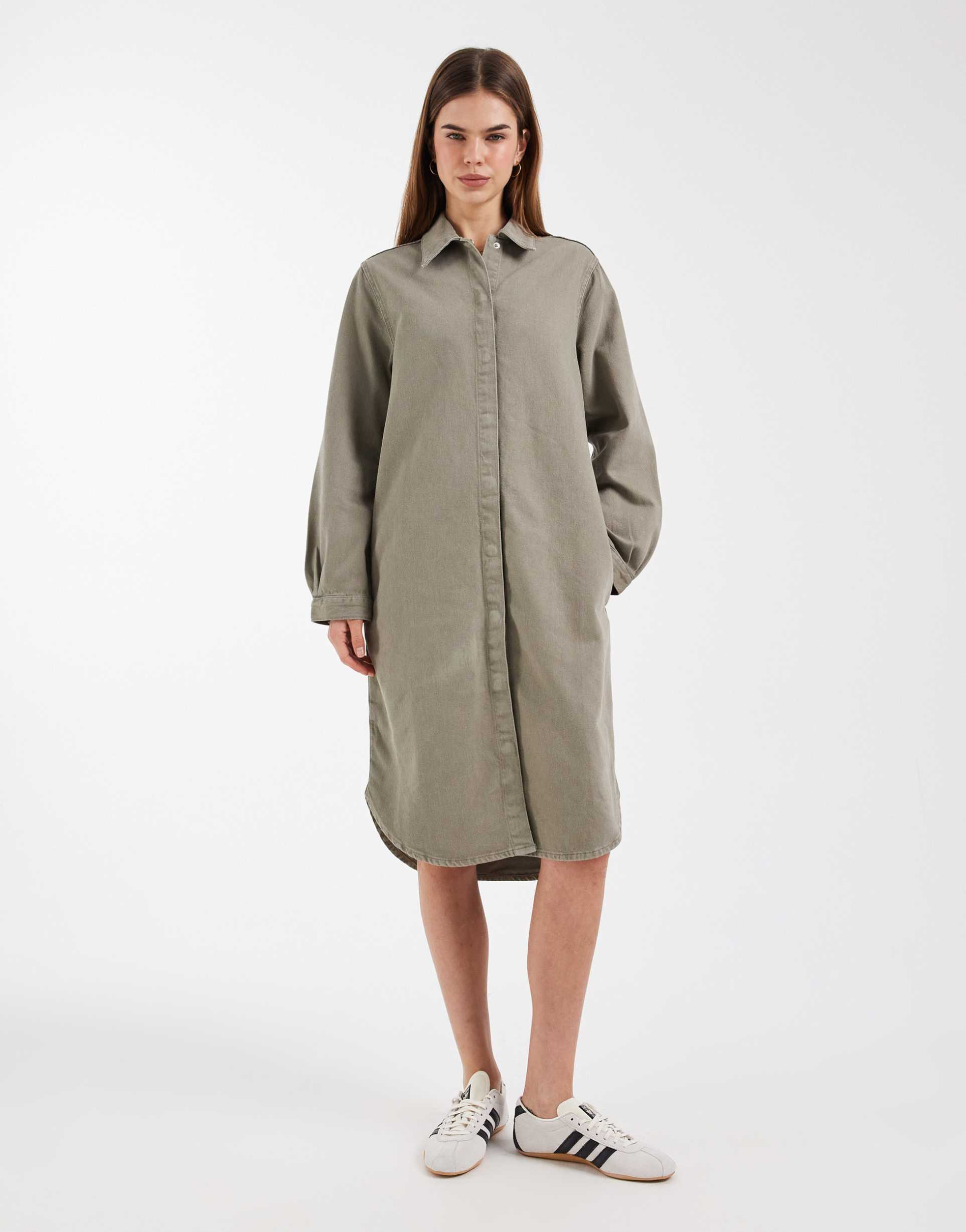 asos design denim shirt midaxi dress in khaki