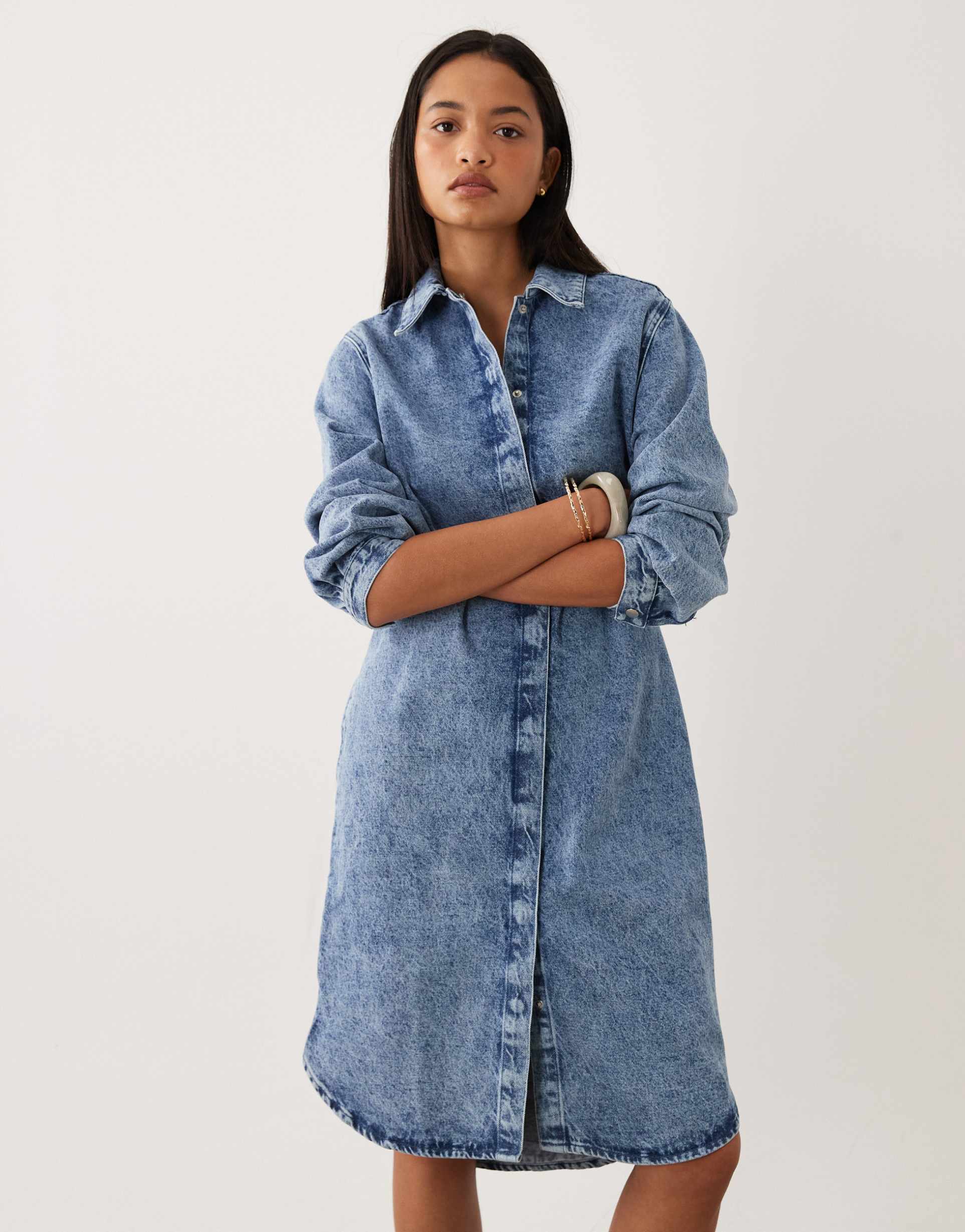 asos design denim shirt midi dress in acid wash