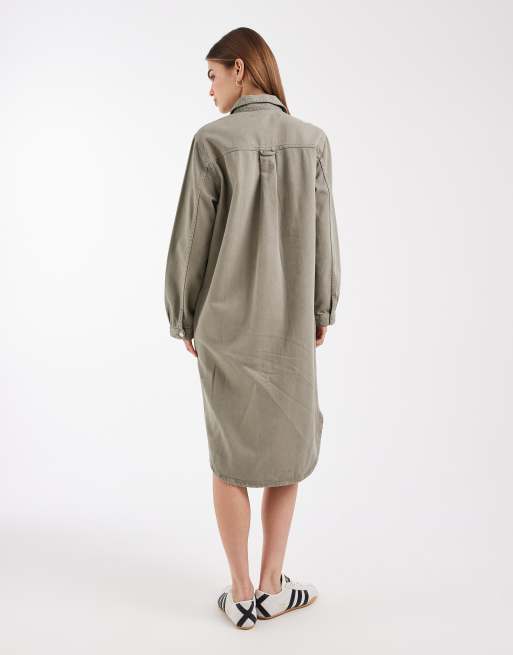 ASOS DESIGN denim shirt midi dress in khaki, 2 of 4