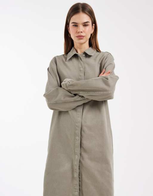 ASOS DESIGN denim shirt midi dress in khaki, 4 of 4