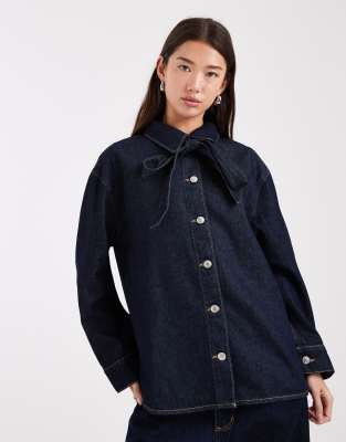 Asos Design Denim Shirt With Bow Tie Neck In Black