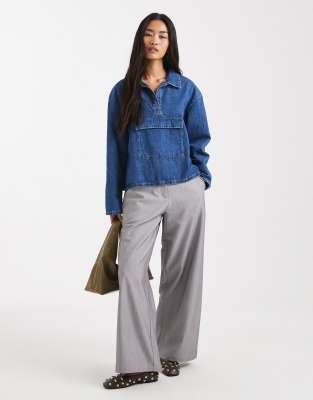 Asos Design Denim Shirt With Front Pocket Pouch In Blue