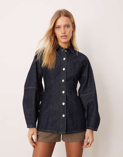 ASOS DESIGN denim shirt with sculpted sleeves in mid blue - view 1